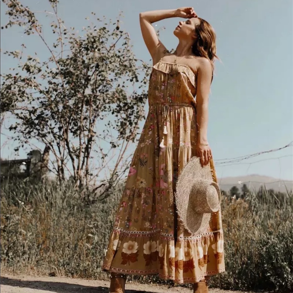 Boho 60’s Floral Gypsy Print Maxi Dress Yellow 70s - Picture 2 of 9